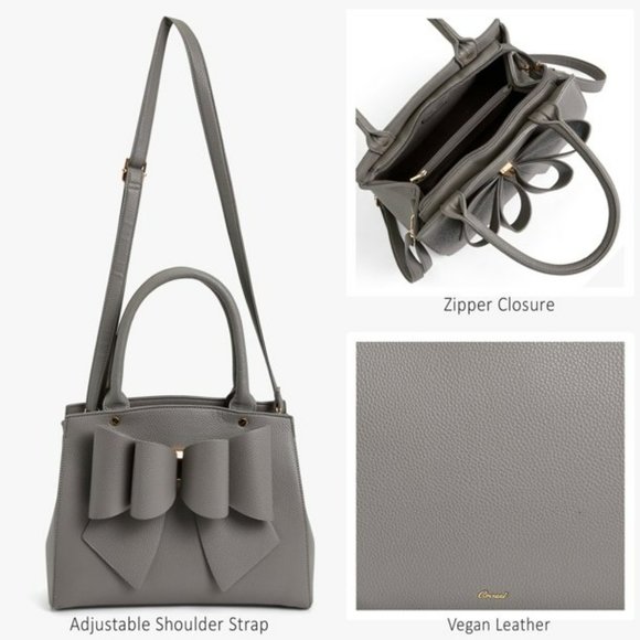 NEW! 3D Bow Vegan Leather 3-Way wear Grey Satchel, Crossbody, & Shoulder (Large) - Picture 4 of 13